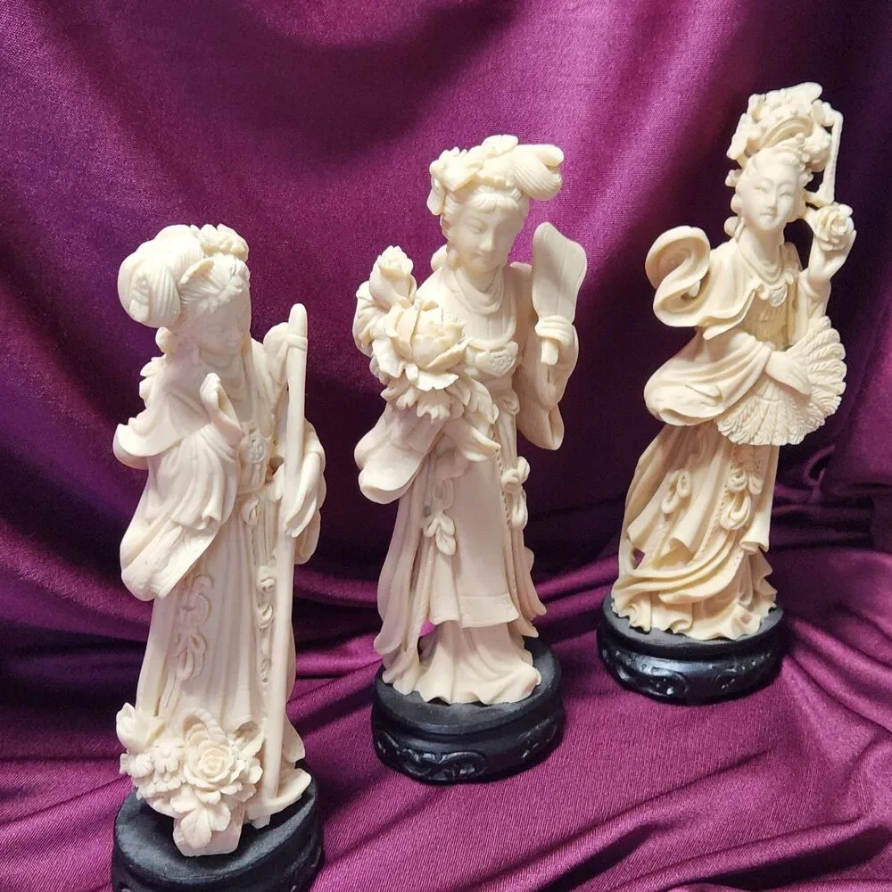 Set of 3 Chinese Resin Maiden Figurines Statues 7.5” Vintage